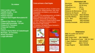 Da visitare
Intero nucleo urbano
Castello ducale - V sec.
Palazzo Carbone
Palazzo Viscardi
Chiesa di Sant’Angelo Munculanis-XII
sec.
Chiesa di San Menna - XI sec.
Chiesa dell’Annunziata - XIII sec.
Chiesa di S. Francesco
Chiesa del Carmine
Duomo
Chiesa di Santa Maria di Costantinopoli
Municipio _ex Convento
Museo diocesano
Luoghi alfonsiani
Come arrivare a Sant’Agata
 In auto, da Napoli e Roma: A1/E45 uscita
Caserta Sud, statale“Sannitica” 265; dopo
l’acquedotto vanvitelliano, provinciale per
Sant’Agata;
da Bari: A16 uscita Benevento, poi SS88 e
SS372 direzione Caianiello, uscita
Solopaca, provinciale per Sant’Agata.
 In treno, stazione di Arpaia-Airola-S.Agata
de’ Goti: linea Metrocampania Napoli-
Benevento-Valle Caudina.
 In autobus, da Napoli-Piazza Garibaldi a
Sant’Agata-Piazza Trieste.
Informazioni Utili
Municipio 0823-953053
Superficie 62,92 kmq
Altitudine s.l.m. 156 m
Abitanti 11.558
Distanza da Benevento 25 km
Distanza da Napoli 35 km
Polizia Municipale 0823-953054
Guardia Medica 0823-953327
A.S.L. BN1 0823-954511
Ospedale 0823-953062
Guardia forestale 0823-953203
Sistemazioni
B&B ‘Ai confini del Sannio’
0823.953310
B&B ‘Sogni Goti’ 389.7986626
B&B ‘S. Giovanni a Corte’ 338.7411891
‘L’Agro Atellano’ 0823.953027
‘I Mustilli’ 0823.718142
‘L’ape Regina’ 0823.956698
 