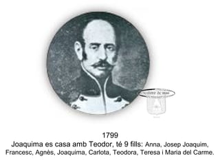1799
Joaquima es casa amb Teodor, té 9 fills: Anna, Josep Joaquim,
Francesc, Agnès, Joaquima, Carlota, Teodora, Teresa i Maria del Carme.
 