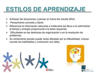 ESTILOS DE APRENDIZAJE
 Anticipar las situaciones y pensar en futuro les resulta difícil.
 Pensamiento concreto y literal.
 Diferenciar la información relevante e irrelevante les lleva a no administrar
el tiempo y energía proporcional a la tarea requerida.
 Dificultades en las destrezas de organización o en la resolución de
problemas,
 Su rendimiento escolar puede verse afectado por la inflexibilidad, incluso
cuando las habilidades y motivación son altas.
 