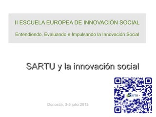 SARTU y la innovación socialSARTU y la innovación social
II ESCUELA EUROPEA DE INNOVACIÓN SOCIAL
Entendiendo, Evaluando e Impulsando la Innovación Social
II ESCUELA EUROPEA DE INNOVACIÓN SOCIAL
Entendiendo, Evaluando e Impulsando la Innovación Social
Donostia, 3-5 julio 2013
 