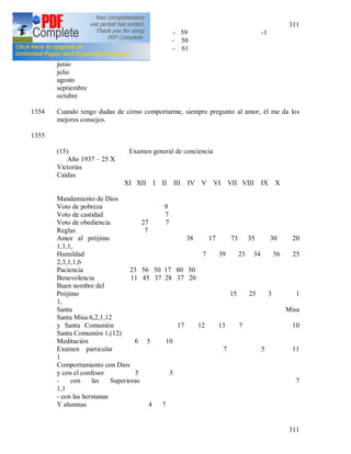 311
311
febrero - 59 -1
marzo - 50
abril - 61
mayo
junio
julio
agosto
septiembre
octubre
1354 Cuando tengo dudas de cómo comportarme, siempre pregunto al amor, él me da los
mejores consejos.
1355
(15) Examen general de conciencia
Año 1937 – 25 X
Victorias
Caídas
XI XII I II III IV V VI VII VIII IX X
Mandamiento de Dios
Voto de pobreza 9
Voto de castidad 7
Voto de obediencia 27 7
Reglas 7
Amor al prójimo 38 17 73 35 30 20
1,1,1,
Humildad 7 39 23 34 56 25
2,3,1,1,6
Paciencia 23 56 50 17 80 50
Benevolencia 11 45 37 28 37 20
Buen nombre del
Prójimo 15 25 3 1
1,
Santa Misa
Santa Misa 6,2,1,12
y Santa Comunión 17 12 13 7 10
Santa Comunión 1,(12)
Meditación 6 5 10
Examen particular 7 5 11
1
Comportamiento con Dios
y con el confesor 5 5
- con las Superioras 7
1,1
- con las hermanas
Y alumnas 4 7
 