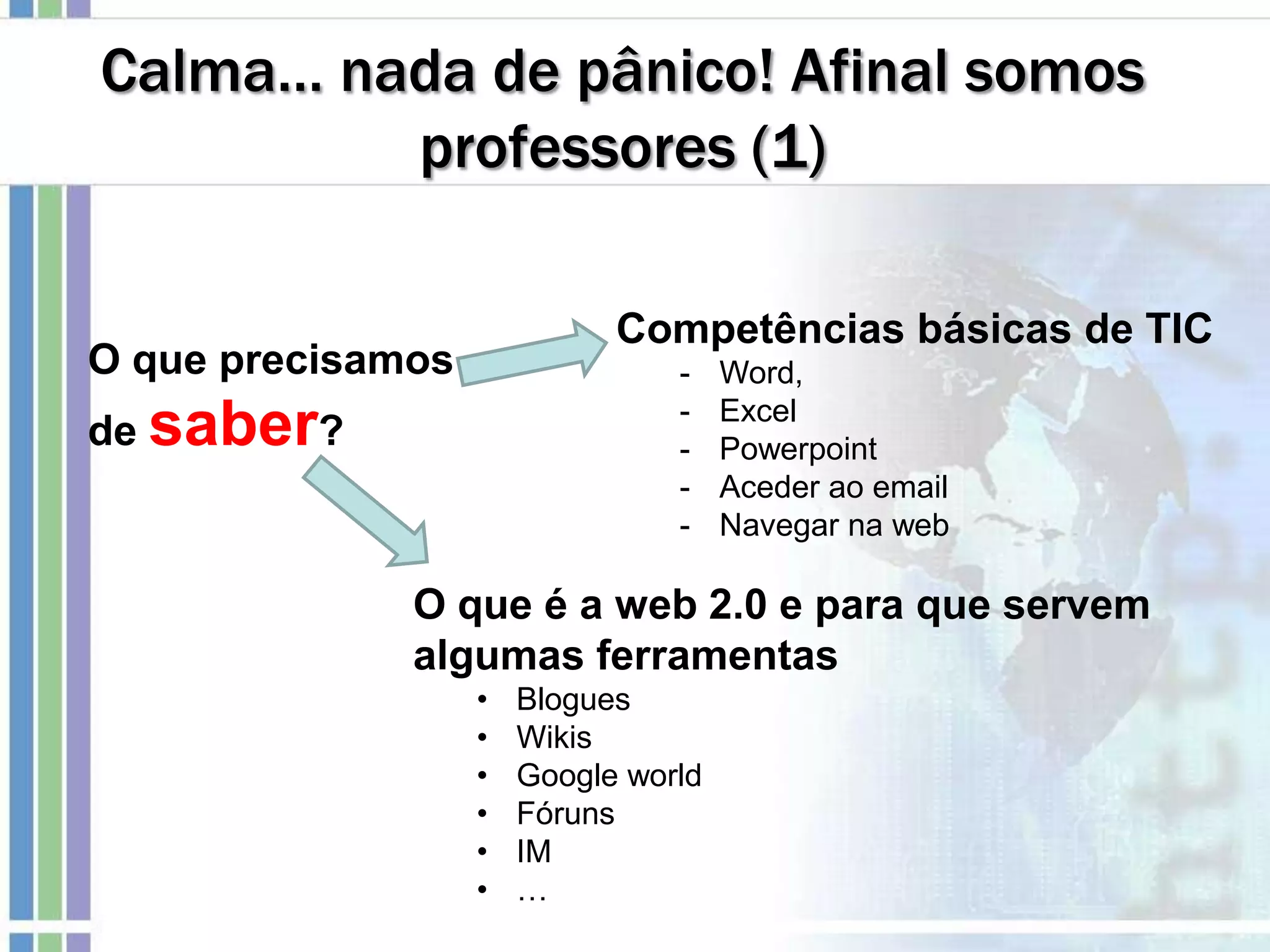 Calma… nada de pânico! Afinal somos
professores (1)
O que precisamos
de saber?
Competências básicas de TIC
- Word,
- Excel
- Powerpoint
- Aceder ao email
- Navegar na web
O que é a web 2.0 e para que servem
algumas ferramentas
• Blogues
• Wikis
• Google world
• Fóruns
• IM
• …
 