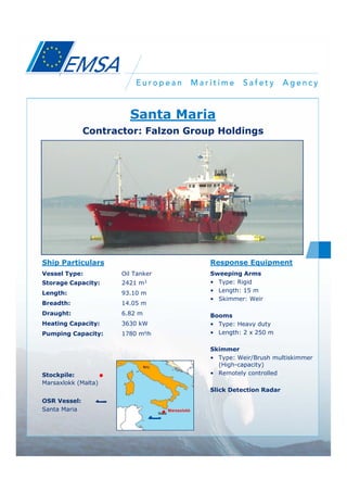 Santa Maria
              Contractor: Falzon Group Holdings




Ship Particulars                               Response Equipment
Vessel Type:         Oil Tanker                Sweeping Arms
Storage Capacity:    2421 m3                   • Type: Rigid
Length:              93.10 m                   • Length: 15 m
                                               • Skimmer: Weir
Breadth:             14.05 m
Draught:             6.82 m                    Booms
Heating Capacity:    3630 kW                   • Type: Heavy duty
Pumping Capacity:    1780 m³/h                 • Length: 2 x 250 m

                                               Skimmer
                                               • Type: Weir/Brush multiskimmer
                                                 (High-capacity)
Stockpile:                                     • Remotely controlled
Marsaxlokk (Malta)
                                               Slick Detection Radar
OSR Vessel:
Santa Maria                       Marsaxlokk
 