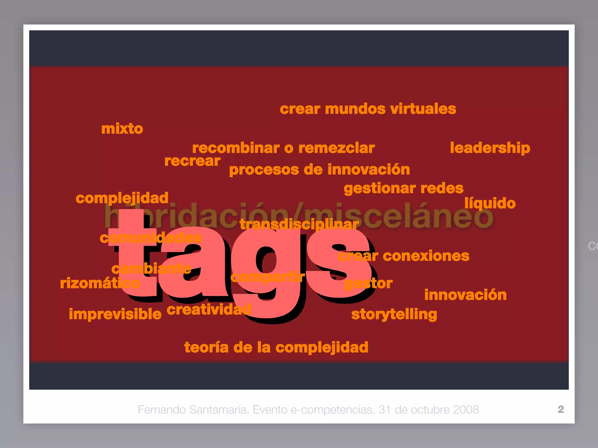 tags transdisciplinar recrear crear mundos virtuales gestionar redes complejidad cambiante compartir crear conexiones storytelling recrear recrear leadership recombinar o remezclar innovación complejidad creatividad gestor comunidades mixto líquido rizomático imprevisible teoría de la complejidad procesos de innovación Fernando Santamaría. Evento e-competencias. 31 de octubre 2008 