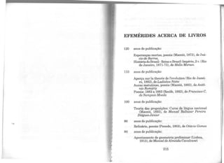 ..
)..
EFEMÉRIDES ACERCA DE LIVROS
120 anos de publicação:
Esperanças mortas, poesia (Maceió, 1873), de Iná-
cio de Barros,
HistóriadoBrasil-Reino e Brasil-Império, 2v. (Rio
de Janeiro, 1871-73), de Mello Moraes.
110 anos de publicação:
Aperçu sur la theorie de l'evolution (Rio de Janei-
ro, 1883), de LadislauNetto
Auras matutinas, poesia (Maceió, 1883), de Antô-
nio Romariz
Poesia: 1882 a 1883 (Recife, 1883), de Francisco C.
de Sampaio Moeda
100 anos de publicação:
90
Teoria das proposições: Curso de língua nacional
(Maceió, 1893), de Manoel Baltazar Pereira
DiéguesJúnior
anos de publicação:
Relicário, poesia (Penedo, 1903), de Otávio Gomes
80 anos de publicação:
Apontamento de geometria preliminar (Lisboa,
1913), de Manoel deAlmeida Cavalcanti
215
 