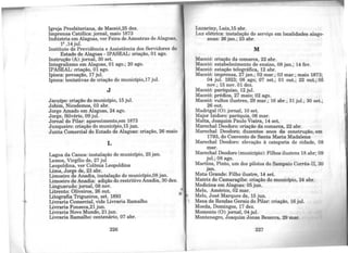 li
Igreja Presbiteriana, de Maceió,25 dez.
Imprensa Católica: jornal, maio 1873
Indústria em Alagoas, ver Feira de Amostras de Alagoas,
12 ,14 jul.
Instituto de Previdência e Assistência dos Servidores do
Estado de Alagoas - IPASEAL: criação, 01 ago.
Instrução (A): jornal, 30 set.
Integralismo em Alagoas, 01 ago.; 20 ago.
IPASEAL: criação, O1 ago.
lpioca: povoação, 17 jul.
lpioca: tentativas de criação do município,17 jul.
J
Jacuípe: criação do município, 15 jul.
Jobim, Nicodemos, 03 abr.
Jorge Amado em Alagoas, 24 ago.
Jorge, Silvério, 09 jul.
Jornal do Pilar: aparecimento,em 1873
Junqueiro: criação do município,15 jwi.
Junta Comercial do Estado de Alagoas: criação, 26 maio
L
Lagoa da Canoa: instalação do município, 25 jan.
Lemos, Virgílio de, 27 jul
Leopoldina, ver Colônia Leopoldina
Lima, Jorge de, 23 abr.
Limoeiro de Anadia, instalação do município,08 jan.
Limoeiro de Anadia: adição do restritivo Anadia, 30 dez.
Linguarudo: jornal, 08 nov.
Litrento: Oliveiros, 26 out.
Litografia Trigueiros, set. 1893
Livraria Comercial, vide Livraria Ramalho
Livraria Fonseca,21 jun.
Livraria Novo Mundo, 21 jun.
Livraria Ramalho: centenário, 07 abr.
226
Lucariny, Luiz,15 abr.
Luz elétrica: instalação do serviço em localidades alago-
anas: 26 jan.; 23 abr.
M
Maceió: criação da comarca, 22 abr.
Maceió: estabelecimento de ensino, 08 jan.; 14 fev.
Maceió: estação telegráfica, 12 abr.
Maceió: imprensa, 27 jan.; 02 mar.; 03 mar.; maio 1873;
04 jul. 1923; 08 ago; 07 set.; 01 out.; 22 out.; 05
nov.; 15 nov. 01 dez.
Maceió: paróquias, 12 jul.
Maceió: prédios, 27 maio; 02 ago.
Maceió: vultos ilustres, 29 mar.; 16 abr.; 31 jul.; 30 set.;
26 out.
Madrigal (0): jornal, 10 set.
Major lzidoro: paróquia, 06 mar.
Malta, Joaquim Paulo Vieira, 14 set.
Marechal Deodoro: criação da comarca, 22 abr.
Marechal Deodoro; duzentos anos da construção, em
1793, do Convento de Santa Maria Madalena
Marechal Deodoro: elevação à categoria de cidade, 08
mar.
Marechal Deodoro (município): Filhos ilustres 18 abr; 09
jul.; 08 ago.
Mart~ns, Pinto, um dos pilotos do Sampaio Corrêa-11, 30
Jan.
Mata Grande: Filho ilustre, 14 set.
Matriz de Camaragibe: criação do município, 24 abr.
Medicina em Alagoas: 05 jun.
Melo, Américo, 02 mar.
Melo, José Marques de, 15 jun.
Mesa de Rendas Gerais do Pilar: criação, 16 jul.
Moeda, Domingos, 17 dez.
Momento (0): jornal, 04 jul.
Montenegro, Joaquim Jonas Bezerra, 29 mar.
227
 