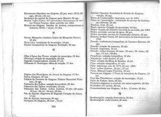 Movimento Operário em Alagoas, 22 jan; maio 1913; 20
ago.; 20 set.; 23 out.
Mudança da capital de Alagoas para Maceió, 08 ago.
Murici: vulto ilustre, 50º aniversário falecimento de .Ar}
tur Vieira Peixoto, óbito ocorrido em 1943.
Música em Alagoas, bandas de música, compositores e
músicos, 09 fev.; 14 jul.; 01 dez.
N
Neves, Mesquita (Antônio Inácio de Mesquita Neves),
18 abr.
Novo Lino: instalação do município, 18jan.
Núcleo Integralista de Alagoas: fundação, 20 ago.
o
Olho d'Água das Flores: criação do município, 02 dez.
Olivença: criação do município, 24 abr.
Opinião Conservadora: Jornal, 07 set.
Orfanato S. Domingos: idéia da criação, 17 dez.
p
Página dos Municípios, do Jornal de Alagoas, 01 fev.
Paiva, Gustavo, 27 out.
Palácio do Governo de Alagoas: Palácio Marechal Flori-
ano, 14 ago.
Palmeira dos Indios: estação ferroviária, 25 dez.
Palmeira dos Índios: município, 23 jun.
Palmeira dos Índios: vultos ilustres, 15 abr.; 28 maio;
15jun.; 24 jul.; 24 out,; 09 dez.
Pão de Açúcar: freguesia do Sagrado Coração de Jesus,
lljul.
Pão de Açúcar: imprensa, 06 ago.
Paróquia de Alagoas, 06 mar.; 12 jul.
228
Partido Operário Socialista do Estado de Alagoas·
rriação, 20 ago. '
Passo de Camaragibe: imprensa, ano de 1883
!1
nsso de Camaragibe: instalação do serviço de ilumina-
ção elétrica, 23 abr.
Paulino, José, 20 out.
Paulo Jacinto: Criação do município, 02 dez.
Pedra: fixação de Delmiro Gouveia no povoado jan 1903
Pedra: povoado, se~ço de água, 26 jan; '
Pe~a: povoado, s~i:viço d~ il~naç~o elétrica, 23 jan.
Peixoto, ArthurV1e1ra, 50-an1versáno do falecimento em
1943
Penedo: conferência integralista do Gustavo Barroso, 20
ago.
Penedo: criação da comarca, 22 abr.
Penedo: imprensa, 16 jul.
Penedo: vultos ilustres, 25 mar;. 28 mar.; 09 maio,; 23
ago.; 01 nov.; 09 dez.
Piaçabuçu: estação telegráfica, 19 abr.
Piaçabuçu: vulto ilustre, 27 jul.
Pilar: criação da Mesa de Rendas, 16 jul.
Pilar: estação telegráfica, 01 nov.
Pilar: imprensa, ano de 1873; 08 nov. 1893
Pilar: vultos ilustres , 22 jan.; 07 jul.
Pinto, Manuel Lopes Ferreira, 30 set.
Pintura em Alagoas: 1! Feira de Amostras de Alagoas 14
jul. '
Poço das Trincheiras: criação do município, 15 jul.
Porto de Pedras: farol, 29 dez.
Primeira alagoana a concluir um curso superior, 09 dez.
Proletário (0): jornal, 22 out.
Protestantismo em Alagoas, 14 fev.; 13 maio; 25 dez.
Q
Quebrangulo: estação ferroviária, 25 dez.
Quebrangulo: vulto ilustre, 20 mar.
229
 