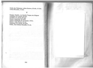 União dos Palmares: vultos ilustres, 23 abr.; 01 dez.
Usina Sinumbu, 13 abr.
V
Vargas, Getúlio, ver Getúlio Vargas em Alagoas
Velocínio (0): jornal, 03 mar.
Verdade (A): jornal, 06 ago.
Viçosa: imprensa, 02 maio
Viçosa: instalação do município, 16 fev.
Viçosa: vulto ilustre, 01 set.
Viçosense (0): jornal, 02 maio.
Vilela, José Aloísio Brandão, 01 set.
232
.-..~ ·.
e
 
