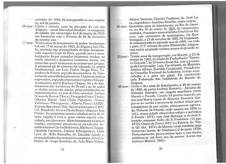 outubro de 1916, foi inaugurada no ano seguin-
te, a 6 de janeiro.
08 mar.- Cento e setenta anos da elevação da vila das
Ala~oas, - atual Marechal Deodoro - à categoria
de cidade, P?r carta régia de 8 de março de 1823,
em harmorua com o Decreto de 24 de fevereiro
do mesmo ano.
17 mar.- Trinta anos do lançamento da pedra fundamen-
tal, em 1? de março de 1963, doAlagoas Iate Clu-
b~, ocomd? nas proximidades do hoje desapare-
cid~ coqueiro Gogó da Ema, quando para o acon-
tecimento foram armadas inúmeras tendas no
estilo oriental e dispostas inúmeras mesas 'em
tom? da~ quais formaram-se numerosos gr~pos.
A pnme1ra pá de cimento foi colocada na pedra
fundamental, por Lui~ Carlos Braga Neto, Co-
modoro deHonra, seguido dosmembros da Dire-
toriaedeautoridadespresentes.Outracerimônia
express~va, seg~doominuciosoregistrofeitope-
la columsta social Marluce Chagas, foi a do has-
teamento das bandeiras do Brasil e as de todos
os clubes sociais da cidade, pelos presidentes ou
representantes, ao som do hino nacional:J arbas
GomesdeBarros(Fênix),FernandoPinto(Tênis)
Odorico Maciel (Iate Clube Pajuçara) Nelso~
Valeriano (Portuguesa), Alberto Paiva CAABB)
VicenteBertolini(CSA),SeverianoGomes(CRB)
1
Cel. Bendochi Alves e Paulo Renor (Alagoas Iat~
Clube). Do programa constouainda a salva de 21
ti;os, regata à vela e, para coroar aquela sole-
~dade,um~hurrasco. Alémdaspessoashápouco
citadas, estiveram presentes os jornalistas Ar-
n~ldo~amboeCarlosMoliterno,MarluceChagas,
Cand1da Pal~eira, Janisse Albuquerque, Lêda
Lyra, dr. Hého Ramalho, dr Danúbio Acioly e
acompanhadosdasr~spectiv~sesposas,JúlioCa~
brales, dr. Jorge Qmntela, dr. João Maia Nobre,
34
OFAl
BIBLIOTECA CINTIAL
Aloísio Bezerra, Cláudio Pradines, dr. José Ly-
ra, engenheiro Anselmo Botelho, en~re outros..
20 mar.- Quarenta anos do falecimento, no Rio de J~e1-
ro, no dia 20 de março de ~do ro~cista,
contista cronista e memorialista Graciliano Ra-
mos, cuJo centenário de nascimenf.?, em Que-
brangulo, a 27 de outubro de 1892,foi largamen-
te comemorado no passado ano de 1992, em todo
o país. O 12volume da série Efemérides Alagoa-
nasinclui ampliado verbete acerca do grande es-
critor. . 23 d
2!' mar.-Trinta anos da inauguração, em Maceió,,1; ~
março de 1963, do Clube do Tra~alhador Delmi-
ro Gouveia", às 16horas desse dia, com a P.r~sen­
ça do Governador Luiz Cavalcante., do M~rustro
Almino Afonso Haroldo Cavalcanti, Presidente
do Conselho N~cional da Indústria,.outras au:o-
ridades e o povo em geral. Foi construido
pela Federação das Indústrias do Estado de
Alagoas.
iH mar.- Cento e dez anos do falecimento,.ª 28 de~ffi:arço
de 1883, do poetaAntônioRomariz, -~~ton10 de
Almeida Romariz - em viagem mantin;ta entre
Maceió e Penedo. Casado há poucos mais de ~
ano comMaria Lúcia de Almeida Rom~z, din-
gia-se ao sertão à procura de melhor chma para
tratamento de sua saúde, ultimamente agrava-
da. Natural de Penedo, onde nas~e':1em18.~0 ?u
1851,nessa cidade ribeirinhar~digm ope~odi~o
A Escola (1876), com José Batinga;.a revista li-
terária semanal Echo do S. Francisco (15 ago.
1876)· Órgão do Povo (1877) e oEstrela do Nor-
te (21
1
abr. 1878), de Maceió, onde tamb.ém cola-
borou na Gazeta de Notícias (12 de maio 1879).
Postumamente, pouco meses apó~ a sua morte,
publicou-se um livro seu de poesia: Auras ma-
tutinas (Maceió, 1883).
35
 