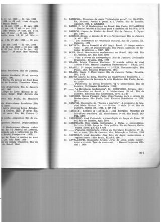 11 Jul. 1920 - 04 jun. 1922
1128 - 03 out. (fase dirigida
Maria Belo)
CK nov. 1927 - 03 ago. 1929
L ns. 1-3, 17 set. - out. 1927
8io Paulo, li!- fase, ns. 1-10,
17 mar. - 01 ago. 1929
e. anos 1-3, 02 jul. 1924 -
1-75. 07 abr. 1924 - 09 out.
28 abr. 1926 - 13 out. 1929
li, 01 jun. 1923 - 31 dez. 1932
01 jan. 1910 - 24 dez. 1911
maio - 29 mar. 1926 (coleção
bra!ileira. Rio de Janeiro,
. São Paulo, Ed. Monteiro
Modernismo brastleiro IRio
19581
Alceu Amoroso Lima. Estudos.
A Ordem, 1929; 2~ série. Rio,
44 série. Rio, Ed. Centro D.
os !Maceió, Departamento
Modernismo <Reune traba-
do VI Festval de Inverno,
do sob o patrocínio da Un.
Paulol Perspectiva 119751
de Lima, o roteiro de uma
Llv. São José, 1959
da poesta brasileira. Rio de
do Brasil, 1946
14. BARBOSA, :Francisco de Assis. "Introdução geral". In: BANDEI-
RA, Manuel. Poesia e prosa. v. I, Poesia. Rio de Janeiro,
Aguilar, 1958, p. LXXXIX
15 . BARDI, P. M. O Modernismo no Brasil. São Paulo, SUDAMERIS
- Banco Francês e Italiano para a América do Sul S/A, 1978
16. BARROS, Jayme de. Poetas do Brasil. Rio de Janeiro, J. Olym-
pio, 1944
17. BARROS, Souza. A década de 20 em Pernambuco. Rio de Janeiro
Is. ed.I 1972
18. - -. Um movimento de renovação cultural. Rio de Janeiro, Ed.
Cátedra, 1975
19. BATISTA, Marta Rossetti et alii (org.) Brasil: 19 tempo moder-
nista - 1917/29 Documentação. São Paulo, Instituto de Es-
tudos Brasileiros - USP, 1972
20. BOPP, Raul. Movimentos modernistas no Brasil. 1922-1928. Rio
de Janeíro, Liv. São José, 1966 ·
21. - -. Vida e morte da antropofagia IRio de Janeiro! Civilização
Brasileira; Brasília, INL, 1977
22 . BRAGA, Maria Thereza Wucherer. O mundo mítico de José
Aloísio Vilela. Maceió !Imprensa Universitária - UFALI 1977
23. BRASIL: li? tempo modernista - 1917129. Documentação. São
Paulo, Inst. Estudos Brasileiros, 1972
24. BRASIL, Assis. O Modernismo. Rio de Janeiro, Palias; Brasília,
INL, 1973
25. BRITO, Mario da Silva. História do modernismo brastletro. I -
Antecedentes da Semana de Arte Moderna, São Paulo, Sarai-
va, 1958
26. - -. Panorama da poesia brasileira. VI O Modernismo. Rio de
Janeiro, Civilização Brasileira 119591
27. --. "A Revolução Modernista". In: COUTINHO, Afrânio Cdlr.)
A literatura no Brasil. v. 5: Modernismo 121!> ed.I Rio de
Janeiro, Editorial Sul Americana, 1970, p.1-37
28. CACCESE, Neusa Pinsard. Festa. Contribuição para o estudo do
Modernismo. São Paulo, Inst. Estudos Brasileiros - USP,
1971
20. CAMPOS, Humberto de. "Poesia e martírio" (A propósito de Ma-
nuel Maia Júnior) ln: --.Crítica. li). série. 2'l> ed. Rio de
Janeiro, Marisa Ed., 1933, p. 234-242
30. CANDIDO, Antônio & CASTELLO, José Aderaldo. Presença da
literatura brasileira. III. Modernismo. M ed. São Paulo, DI-
FEL, 1975
31 . CARNEIRO, José Fernando. Apresentação de Jorge de Lima 121!-
ed.l Rio de Janeiro, Agir, 1958
32. CARPEAUX, Otto Maria. Introdução e Notas e comentários.
ln: --. LIMA, Jorge de. Obra poética. Rio de Janeiro, Getú-
Costa l19501 p.X-XI e 626
33 . - - . Pequena bibliografia crítica da literatura brasileira. 211- ed.
rev. e aum. !Rio de Janeiro' Mín. Educação e Cultura, 1956
34. CASTELLO, José Aderaldo. José Lins do Rego: modernismo e
regionalismo 1 São Paulo, EDART, 19611
35. CAVALCANTI, Humberto Araújo. Jorge de Ltma, poeta moder-
nista e cristão. Tese de concurso( ... ) Maceiólimprensa. Ofi-
cial J 1958
217
 