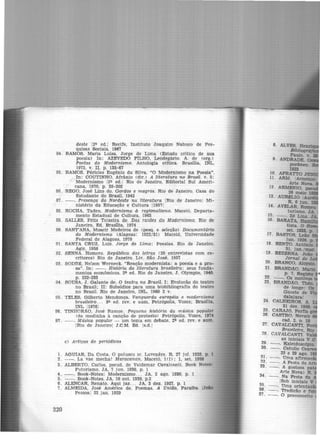 deste [21!> ed.I Recife, Instituto Joaquim Nabuco de Pes-
quisas Sociais, 1967
84. RAMOS, Maria Luisa. Jorge de Lima (Estudo critico de sua
poesia) ln: AZEVEDO FILHO, Leodegário. A. de Cor~.)
Poetas cto Modernismo. Antologia critica. BrasiUa, INL,
1972, V. ll, p. 135-67
85. RAMOS, Péricles Eugênio da Silva. "O Modernismo na Poesia".
ln: COUTINHO, Afrânio (dir.) A literatura no Brasil. v. 5:
Modernismo l21!o ed.I Rio de Janeiro, Editorial Sul Ameri-
cana, 1970, p. 39-202
86. REGO, José Lins do. Gordos e magros. Rio de Janeiro, Casa do
Estudante do Brasil, 1942
87. - -. Presença do Nordeste na literatura IRio de Janeiro! Mi-
nistério da Educação e Cultura J195'7]
88. ROCHA, Tadeu. Modernismo & regionalismo. Ma.ceió, Departa-
mento Estadual de Cultura 1963
89. SALLES, Fritz Teixeira de. Das razões do Modernismo. Rio de
JanP.iro, Ed. Brasilia, 1974
90. SANT'ANA, Moacir Medeiros de (pesq. e seleção) Documentário
do Modernismo (Alagoas: 1922/31) Maceió, Universidade
Federal de Alagoas, 1978
91. SANTA CRUZ, Luiz. Jorge de Lima: Poesías. Rio de Janeiro,
Agir, 1958
92. SENNA, Homero. República das letras (20 entrevistas com es-
critores) Rio de Janeiro. Liv. São José, 1957
93. SODRÉ, Nelson Werneck. "Reação modernista: a poesia e a pro-
sa". ln: --. História da literatura brasileira: seus funda-
mentos econômicos. 21!o ed. Rio de Janeiro, J . Olympio, 1940.
p. 222-233
91. SOUSA, J . Galante de. O teatro no Brasil. I: Evolução do teatro
no Brasil; II: Subsidios para uma bloblbliografia do teatro
no Brasil. Rio de Janeiro, INL, 1960 2 v.
95 . TELES, Gilberto Mendonça. Vanguarda européia e modernismo
brasileiro.. . Silo ed. rev. e aum. Petrópolis, Vozes; Brasília,
INL 119761
96 . TINHORAO, José Ramos. Pequena história da música popular
<da modinha à canção de protesto) Petrópolis. Vozes, 1974
97. --. Música popular - um tema em debate. 2• ed. rev. e a.um.
!Rio de Janeiro[ J.C.M. Ed. Is.d.[
e) Artigos de periódtcos
1. AGUIAR, Da Costa. O patusco sr. Lavenere. R, 27 JHL 1928. p. 1
2. - -. La vae mecha! Maracanan, Maceió, 1(1): 1, set. 1928
3. ALBERTO, Carlos, pseud. de Valdemar Cavalcanti. Book Notea:
Futurismo. JA, 7 jun. 1930, p. 1
4. --. Book-Notes: Modernismo... JA, 2 ago. 1930, p. 1
5. - -. Book-Notes. JA, 10 out. 1930, p.2
6. ALENCAR, Renato. Aqui jaz... JA, 3 dez. 1927, p. 1
7. ALMEIDA, José Américo de. Poemas. A Untão, Paraiba.
Pessoal 22 jan. 1929
220
 