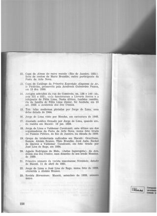 12. Capa de Almas do outro mundo (Rio de Janeiro, 1931),
livro de contos de Mario Brandão, outro participante da
Festa da Arte Nova.
13. Capa do Catálogo da Primeira Exposição Alagoana de Ar.
te Pictórica, promovida pela Academia Guimarães Passos,
em 13 dez. 1930.
14. Antigos sobrados da rua do Comércio, ns. 138 e 140 (de-
pois 521 e 533), cnde funcionaram a Livraria Santos e a
r-,.lojoaria de Félix Lima, Neste último, também residên-
cia da família de Félix Lima Júnior, foi fundada, em 23
set. 1923, a Academia dos Dez Unidos.
15. Trê: telas modernas pintadas por Jorge de Lima, uma
delas datada de 1944.
16. Jorge de Lima visto por Mendez, em caricatura de 1946.
17. Atestado médico firmado por Jorge de Lima, quando ain-
da residia .em Maceió: 19 jan. 1928.
18. Jorge de Lima e Valdemar Cavalcanti, este último um dos
organizadores da Festa da Arte Nova, numa foto tirada
no Passeio Público, do Rio de Janeiro, na década de 1930.
19. Grupo de intelectuais radicados em Maceió: Graciliano,
Ramos. Aloísio Branco, Théo Brandão, José Auto,. Rachel
de Queiroz e Valdemar Cavalcanti, em foto tirada por
José Lins do Rego, em 1934.
20. Agpelo Rodrigues de Melo, (Judas Isgorogota.), da Aca.
demia dos Dez Unidos, num desenho de seu irmão Messias.
de 1939.
21 . Primeiro número da revista maceioense Novidade, datado
de Maceió, 11 de abril de 1931.
22. Jorge de Lima e José Lins do Rego, numa foto de 1928.
oferecida a Aloísio Branco.
23. Revista Maracanan: Maceió, setembro de 1928, número
único.
228
 