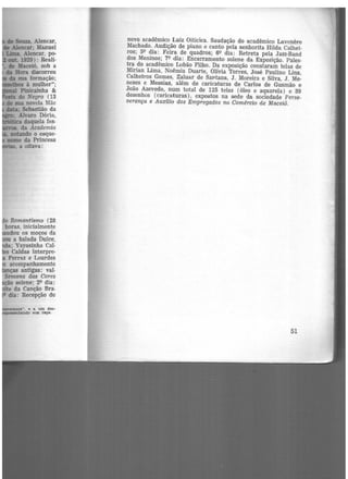 ~
Romantismo (28
horas, inicialmente
udou os moços da
ou a balada Dulce,
da; Yayasinha Cal-
.es Caldas ínterpre·
Ferraz e Lourdes
acompanhamento
ças antigas: val-
Semana das Cores
ão solene; 29 dia:
iite da Canção Bra.
dia: Recepção do
~a", e a um des-
tando sua raça.
novo acadêmico Luiz Oiticica. Saudação do acadêmico Lavenere
Machado. Audição de piano e canto pela senhorita Hilda Calhei-
ros; 59 dia: Feira de quadros; 69 dia: Retreta pela Jazz-Band
dos Meninos; 79 dia: Encerramento solene da Exposição. Pales-
tra do acadêmico Lobão Filho. Da exposição constaram telas de
Mirian Lima, Noêmia Duarte, Olívia Torres, José Paulino Lins,
Calheiros Gomes, Zaluar de Santana, J. Moreira e Silva, J. Me-
nezes e Messias, além de caricaturas de Carlos de Gusmão e
João Azevedo, num total de 125 telas (óleo e aquarela) e 39
desenhos (caricaturas), expostos na sede da sociedade Perse-
verança e Auxilio dos Empregados no Comércio de Maceió.
51
 