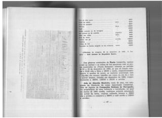 1 do dito puro . . . • . . . . . . . . . . . •..•..
ftlu de cabra . . . . . . . . . . . . . . . . . . . . . . . . . uma
&,lltas de carneiro . ..................... .
f61vora . . . . . . . . . . . . . . . . . . . . . . . . . . . . . . . libra
"pé .... ....................... ... .. .. .
..bão comum ou de lavagem ......... .
.., comum ou de cozinha . . . . . . . . . . . . . . . '3.lquelre
..b<> em velas . . . . . . . . . . . . . . . . . . . . . . . . libra
loln. da terra ......... ... ..... .. .. .... .
r1bACO em pó . . . . . . . . . . . . . . . . . . . . . . . . . arroba
faploca ............................... .
Unhas de boi ... . ............. • ... . ... .
'1'1111clnho ou banha salgada ou em snlmora cento
S50'l
S400
sioo
1$GOO
1$200
SlOO
S600
S400
$400
!OSOOJ
9$000
10$000
1$280
Alfê.ndega. de Alagoas, 80 de dezembto de 1866. O Ins·
~or - José Antônio de Ma.galhães Basto~.
Dos gêneros constantes da Pauta transcrita, apenas
omel ou melaço e as unhas de boi aparecem com os pre-
ces majorados na «Pauta Semanal> atinente ao período
dl' 2;? a 29 de de7.embro de 1866, já que ali foram cota-
dos a $140 réis a libra e 2$000 o cento, respectivame~tc
Quanto à quedas de p1·eço, as maiores acorreram com
o algod~o em caroço; algodão em rama ou em lã e com
t> açúcar branco, cotados em dezembro de 1866, respec-
tivamente a 3$000, 12$500 e 2$100 a arroba.
João de Almeida Monteiro, mais de uma vez inte-
irante 'da Diretoria da nossa .Alssociação Comercial,
ulém de Agente da Companhia. Bahiana. de Na,rcga.çâo,
Ma proprietário de uma refinaria e torrefação, na qual
l'm março dé 1866 vendia, conforme anúncio estampado
eim jornal da te1Ta, «açµcar refinado branco a 4$800
réis a arroba e o mascavo a 3$800; e café moldo a 12$000
a arroba».
-47-
 