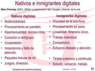 Nativos e inmigrantes digitales Nativos digitales Multimodalidad. Procesamiento en paralelo. Hipertextualidad. Acceso libre. Conexión a red/grupo. Cooperación. Impaciencia y falta de atención. Paquetes breves de inf. Juegos, diversión. Inmigrantes digitales Prioridad de la escritura. Procesamiento en serie. Linealidad. Itinerario único. Trabajo individual. Competición. Esfuerzo dilatado y atención. Textos extensos y continuad. Estudio, esfuerzo, trabajo. Santander, 16-4-08 Competencias lingüísticas básicas Marc Prensky  (2001, 2004): La generación Net, Google, Internet, de la red. 