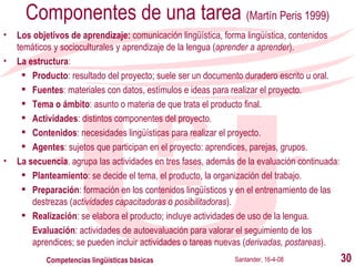 Componentes de una tarea  (Martín Peris 1999) Los objetivos   de aprendizaje:  comunicación lingüística, forma lingüística, contenidos temáticos y socioculturales y aprendizaje de la lengua ( aprender a aprender ). La estructura : Producto : resultado del proyecto; suele ser un documento duradero escrito u oral. Fuentes : materiales con datos, estímulos e ideas para realizar el proyecto. Tema o ámbito : asunto o materia de que trata el producto final. Actividades : distintos componentes del proyecto. Contenidos : necesidades lingüísticas para realizar el proyecto. Agentes : sujetos que participan en el proyecto: aprendices, parejas, grupos. La secuencia . agrupa las actividades en tres fases, además de la evaluación continuada: Planteamiento : se decide el tema, el producto, la organización del trabajo. Preparación : formación en los contenidos lingüísticos y en el entrenamiento de las destrezas ( actividades capacitadoras o posibilitadoras ). Realización : se elabora el producto; incluye actividades de uso de la lengua. Evaluación : actividades de autoevaluación para valorar el seguimiento de los aprendices; se pueden incluir actividades o tareas nuevas ( derivadas, postareas ).   Santander, 16-4-08 Competencias lingüísticas básicas 