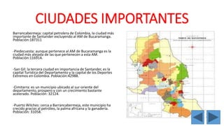 CIUDADES IMPORTANTES 
Barrancabermeja: capital petrolera de Colombia, la ciudad más 
importante de Santander excluyendo al AM de Bucaramanga. 
Población:187311 
-Piedecuesta: aunque pertenece al AM de Bucaramanga es la 
ciudad más alejada de las que pertenecen a esta AM. 
Población:116914. 
-San Gil: la tercera ciudad en importancia de Santander, es la 
capital Turística del Departamento y la capital de los Deportes 
Extremos en Colombia. Población:42988. 
-Cimitarra: es un municipio ubicado al sur-oriente del 
departamento, prospero y con un crecimiento bastante 
acelerado. Población: 32124. 
-Puerto Wilches: cerca a Barrancabermeja, este municipio ha 
crecido gracias al petróleo, la palma africana y la ganadería. 
Población: 31058. 
 