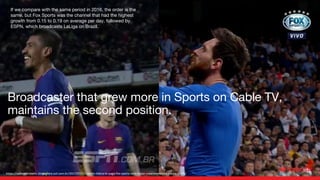 If we compare with the same period in 2016, the order is the
same, but Fox Sports was the channel that had the highest
growth from 0.15 to 0.19 on average per day, followed by
ESPN, which broadcasts LaLiga on Brazil.
https://uolesportevetv.blogosfera.uol.com.br/2017/07/17/sportv-lidera-tv-paga-fox-sports-tem-maior-crescimento-na-media-diaria/
Broadcaster that grew more in Sports on Cable TV,
maintains the second position.
 