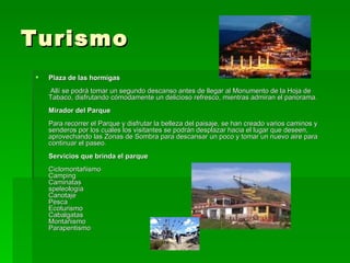 Turismo  Plaza de las hormigas  Allí se podrá tomar un segundo descanso antes de llegar al Monumento de la Hoja de Tabaco, disfrutando cómodamente un delicioso refresco, mientras admiran el panorama. Mirador del Parque Para recorrer el Parque y disfrutar la belleza del paisaje, se han creado varios caminos y senderos por los cuales los visitantes se podrán desplazar hacia el lugar que deseen, aprovechando las Zonas de Sombra para descansar un poco y tomar un nuevo aire para continuar el paseo. Servicios que brinda el parque Ciclomontañismo Camping Caminatas speleología Canotaje Pesca Ecoturismo Cabalgatas Montañismo Parapentismo 