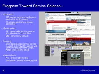 Progress Toward Service Science… Education 198 courses, programs, or degrees established in 42 countries  12 centers, seminars, or groups established   Government 11+ programs for service research and education in 11 countries $1B+ committed worldwide Industry SRII established to promote service research and innovation agenda, with $1M in funding from IBM, Oracle, Xerox, Microsoft and others Associations AIS – Service Science SIG INFORMS – Service Science Section 
