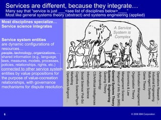Services are different, because they integrate… Many say that “service is just ___<see list of disciplines below>____” Most like general systems theory (abstract) and systems engineering (applied) Operations Research … Industrial Engineering Systems  Engineering Organization Theory Economics & Law Multi-agent Systems Information Management Game Theory Management Science Mngmnt of Info Sys (MIS) General Systems Theory Anthropology CS/Artificial Intelligences Information Science Social Science/ Poli-Sci Cognitive Science/Psych Marketing Operations Mngmnt … Most disciplines specialize… Service science integrates Service system entities  are dynamic configurations of resources… people, technology, organizations, shared information (e.g., language, laws, measures, models, processes, policies, relationships, rights, etc.) connected to other service system entities by value propositions for the purpose of value-cocreation relationships, with governance mechanisms for dispute resolution. Queuing Theory A Service System is  Complex 