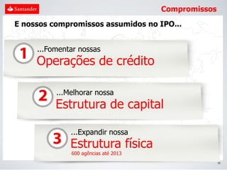 Compromissos
E nossos compromissos assumidos no IPO...


     ...Fomentar nossas
     Operações de crédito

          ...Melhorar nossa
          Estrutura de capital

              ...Expandir nossa
              Estrutura física
              600 agências até 2013
                                                     25
 