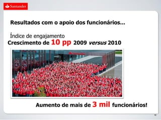 Resultados com o apoio dos funcionários...

 Índice de engajamento
Crescimento de 10 pp 2009 versus 2010




         Aumento de mais de 3   mil funcionários!
                                                    40
 
