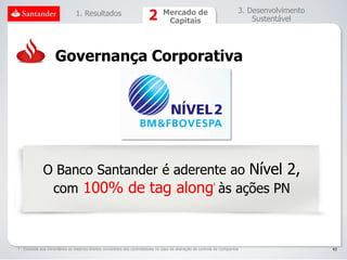 1. Resultados                                   Mercado de                               3. Desenvolvimento
                                                                                 Capitais                                    Sustentável




                    Governança Corporativa




              O Banco Santander é aderente ao Nível 2,
               com 100% de tag along às ações PN
                                                                                                            1




1 . Concede aos minoritários os mesmos direitos concedidos aos controladores no caso de alienação de controle da Companhia                    43
 