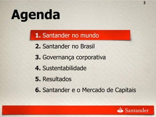 3


Agenda
  1. Santander no mundo
  2. Santander no Brasil
  3. Governança corporativa
  4. Sustentabilidade
  5. Resultados
  6. Santander e o Mercado de Capitais
 