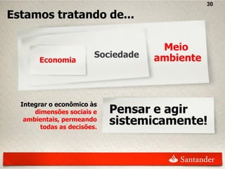 30

Estamos tratando de...

                                      Meio
                         Sociedade   ambiente
       Economia




  Integrar o econômico às
      dimensões sociais e    Pensar e agir
   ambientais, permeando
        todas as decisões.
                             sistemicamente!
 