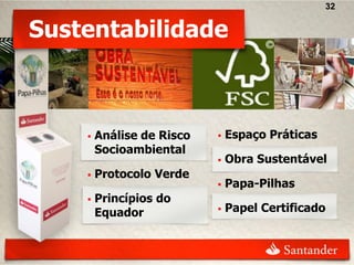 32


Sustentabilidade



       Análise de Risco      Espaço Práticas
        Socioambiental
                              Obra Sustentável
       Protocolo Verde
                              Papa-Pilhas
       Princípios do
        Equador               Papel Certificado
 