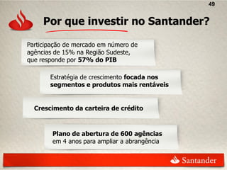 49


     Por que investir no Santander?

Participação de mercado em número de
agências de 15% na Região Sudeste,
que responde por 57% do PIB

       Estratégia de crescimento focada nos
       segmentos e produtos mais rentáveis


  Crescimento da carteira de crédito



        Plano de abertura de 600 agências
        em 4 anos para ampliar a abrangência
 