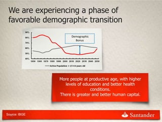 We are experiencing a phase of
 favorable demographic transition
                     Demographic
                       Bonus




               More people at productive age, with higher
                 levels of education and better health
                               conditions.
               There is greater and better human capital.



Source: IBGE
  13
 
