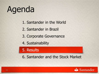 Agenda
     1. Santander in the World
     2. Santander in Brazil
     3. Corporate Governance
     4. Sustainability
     5. Results
     6. Santander and the Stock Market


35
 