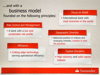 ...and with a
      business model                                        Focus on Retail
founded on the following principles:
                                                   International bank with
                                                    most branches in the world
  Risk Control and Management

   A bank with a low and
                                             Geographic Diversity
    predictable risk profile
                                          Balanced position in mature and
                                           emerging markets, present in over
                                           40 countries
             Efficiency

       Cutting edge technology                       Capital Discipline
        serving operational efficiency       High solvency and solid capital
                                              indexes



  5
 