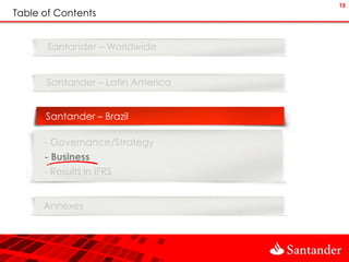 15
Table of Contents


       Santander – Worldwide


      Santander – Latin America


      Santander – Brazil

      - Governance/Strategy
      - Business
      - Results in IFRS


      Annexes
 
