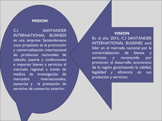MISION
C.I SANTANDER
INTERNATIONAL BUSINESS
es una empresa Santandereana
cuyo propósito es la promoción
y comercialización internacional
de productos nacionales de
calzado, joyería y confecciones
e importar bienes y servicios al
mercado regional a través de
medios de investigación de
mercados internacionales,
asesorías y la prestación de
servicios de comercio exterior.
 
VISION
En el año 2015, C.I SANTANDER
INTERNATIONAL BUSSINES será
líder en el mercado nacional por la
comercialización de bienes y
servicios y reconocido por
promover el desarrollo económico
de la región garantizando la calidad,
legalidad y eficiencia en sus
productos y servicios.
 
 