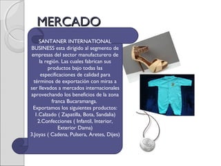 MERCADOMERCADO
SANTANER INTERNATIONAL
BUSINESS esta dirigido al segmento de
empresas del sector manufacturero de
la región. Las cuales fabrican sus
productos bajo todas las
especificaciones de calidad para
términos de exportación con miras a
ser llevados a mercados internacionales
aprovechando los beneficios de la zona
franca Bucaramanga.
Exportamos los siguientes productos:
1.Calzado ( Zapatilla, Bota, Sandalia)
2.Confecciones ( Infantil, Interior,
Exterior Dama)
3.Joyas ( Cadena, Pulsera, Aretes, Dijes)
 