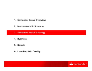 1. Santander Group Overview


2. Macroeconomic Scenario

3. Santander Brazil: Strategy


4. Business


5. Results


6. Loan Portfolio Quality
 