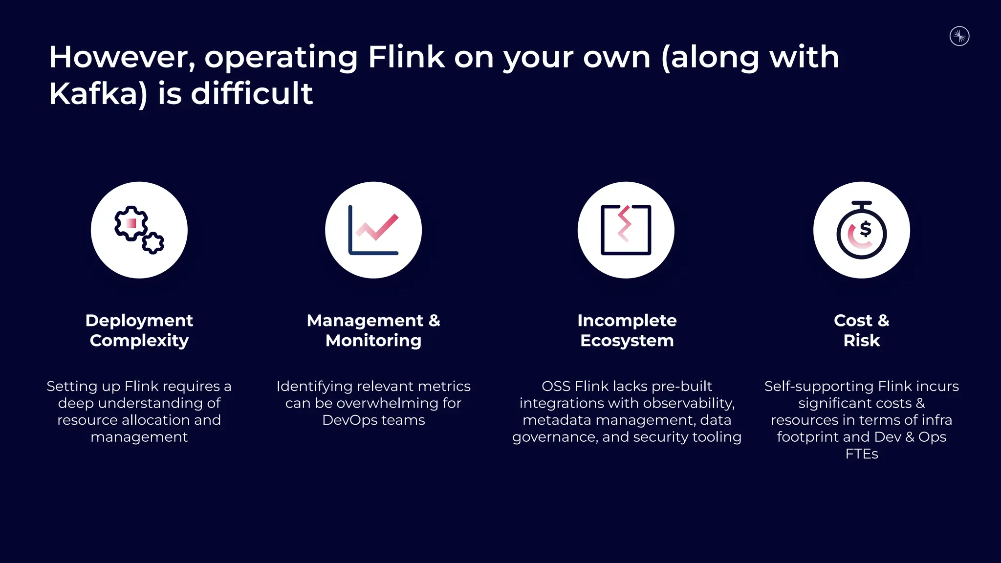 Deployment
Complexity
Setting up Flink requires a
deep understanding of
resource allocation and
management
Management &
Monitoring
Identifying relevant metrics
can be overwhelming for
DevOps teams
Incomplete
Ecosystem
OSS Flink lacks pre-built
integrations with observability,
metadata management, data
governance, and security tooling
Cost &
Risk
Self-supporting Flink incurs
signiﬁcant costs &
resources in terms of infra
footprint and Dev & Ops
FTEs
However, operating Flink on your own (along with
Kafka) is difﬁcult
 