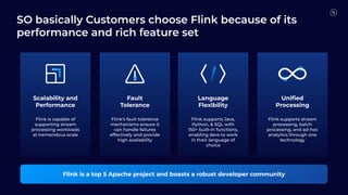 Scalability and
Performance
Fault
Tolerance
Flink is a top 5 Apache project and boasts a robust developer community
Uniﬁed
Processing
Flink is capable of
supporting stream
processing workloads
at tremendous scale
Language
Flexibility
Flink's fault tolerance
mechanisms ensure it
can handle failures
effectively and provide
high availability
Flink supports Java,
Python, & SQL with
150+ built-in functions,
enabling devs to work
in their language of
choice
Flink supports stream
processing, batch
processing, and ad-hoc
analytics through one
technology
SO basically Customers choose Flink because of its
performance and rich feature set
 