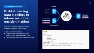 Build streaming
data pipelines to
inform real-time
decision making
Create new enriched and curated
streams of higher value using:
● Data transformations
● Streaming joins, temporal joins,
lookup joins, and versioned joins
● Fan out queries, multi-cluster queries
27
t1, 21.5 USD
t3, 55 EUR
t5, 35.3 EUR
t0, EUR:USD=1.00
t2, EUR:USD=1.05
t4: EUR:USD=1.10
t1, 21.5 USD
t3, 57.75 USD
t5, 38.83 USD
Currency rate
Orders
STREAMING DATA PIPELINES
 