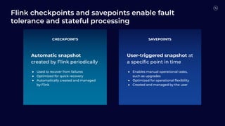 Flink checkpoints and savepoints enable fault
tolerance and stateful processing
CHECKPOINTS SAVEPOINTS
Automatic snapshot
created by Flink periodically
● Used to recover from failures
● Optimized for quick recovery
● Automatically created and managed
by Flink
User-triggered snapshot at
a speciﬁc point in time
● Enables manual operational tasks,
such as upgrades
● Optimized for operational ﬂexibility
● Created and managed by the user
 