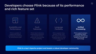 Scalability and
Performance
Fault
Tolerance
Flink is a top 5 Apache project and boasts a robust developer community
Uniﬁed
Processing
Flink is capable of
supporting stream
processing workloads
at tremendous scale
Language
Flexibility
Flink's fault tolerance
mechanisms ensure it
can handle failures
effectively and provide
high availability
Flink supports Java,
Python, & SQL with
150+ built-in functions,
enabling devs to work
in their language of
choice
Flink supports stream
processing, batch
processing, and ad-hoc
analytics through one
technology
Developers choose Flink because of its performance
and rich feature set
 