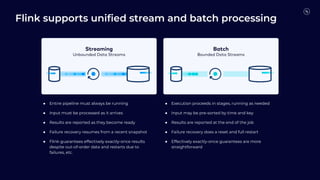 Flink supports uniﬁed stream and batch processing
● Entire pipeline must always be running ● Execution proceeds in stages, running as needed
● Input must be processed as it arrives ● Input may be pre-sorted by time and key
● Results are reported as they become ready ● Results are reported at the end of the job
● Failure recovery resumes from a recent snapshot ● Failure recovery does a reset and full restart
● Flink guarantees effectively exactly-once results
despite out-of-order data and restarts due to
failures, etc.
● Effectively exactly-once guarantees are more
straightforward
 