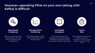 Deployment
Complexity
Setting up Flink requires a
deep understanding of
resource allocation and
management
Management &
Monitoring
Identifying relevant metrics
can be overwhelming for
DevOps teams
Incomplete
Ecosystem
OSS Flink lacks pre-built
integrations with observability,
metadata management, data
governance, and security tooling
Cost &
Risk
Self-supporting Flink incurs
signiﬁcant costs &
resources in terms of infra
footprint and Dev & Ops
FTEs
However, operating Flink on your own (along with
Kafka) is difﬁcult
 