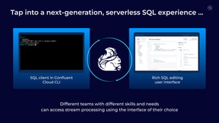 SQL client in Conﬂuent
Cloud CLI
Different teams with different skills and needs
can access stream processing using the interface of their choice
Rich SQL editing
user interface
Tap into a next-generation, serverless SQL experience …
 