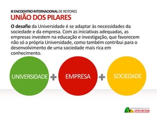 UNIVERSIDADE EMPRESA SOCIEDADE+ +
UNIÃODOSPILARES
IIIENCOENTROINTERNACIONALDEREITORES
O desafio da Universidade é se adaptar às necessidades da
sociedade e da empresa. Com as iniciativas adequadas, as
empresas investem na educação e investigação, que favorecem
não só a própria Universidade, como também contribui para o
desenvolvimento de uma sociedade mais rica em
conhecimento.
 