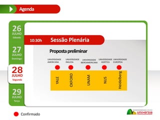 28JÚLIO
Lunes
Sesión Plenaria10:30h10:30h Sessão Plenária
UNIVERSIDADE
AMERICANA
UNIVERSIDADE
INGLESA
UNIVERSIDADE
ASIÁTICA
Propostapreliminar
UNIVERSIDADE
EUROPEIA
UNIVERSIDADE
IBEROAMERICANA
Confirmado
YALE
OXFORD
UNAM
NUS
Heidelberg
28JULHO
Segunda
26JULHO
Sábado
27JULHO
Domingo
29JULHO
Terça
2Agenda
 