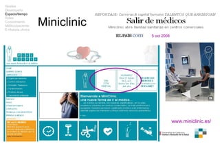 Miniclinic 5 oct 2008 www.miniclinic.es/ Niveles Desempeño Espacio/tiempo Roles Conocimiento Médico/paciente E-Historia cl...